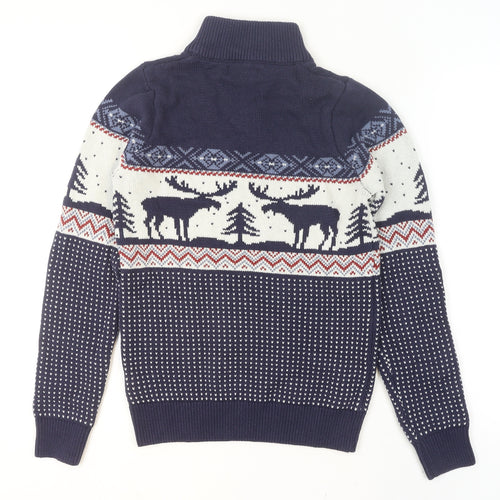 Next Men's Blue Fair Isle 1/2 Zip Cotton Blend Jumper XS