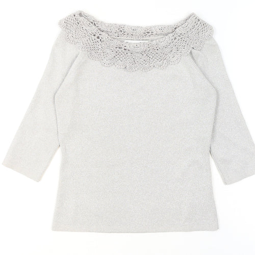 Joseph A. Womens Silver Crochet Neck Knit Blouse Size S