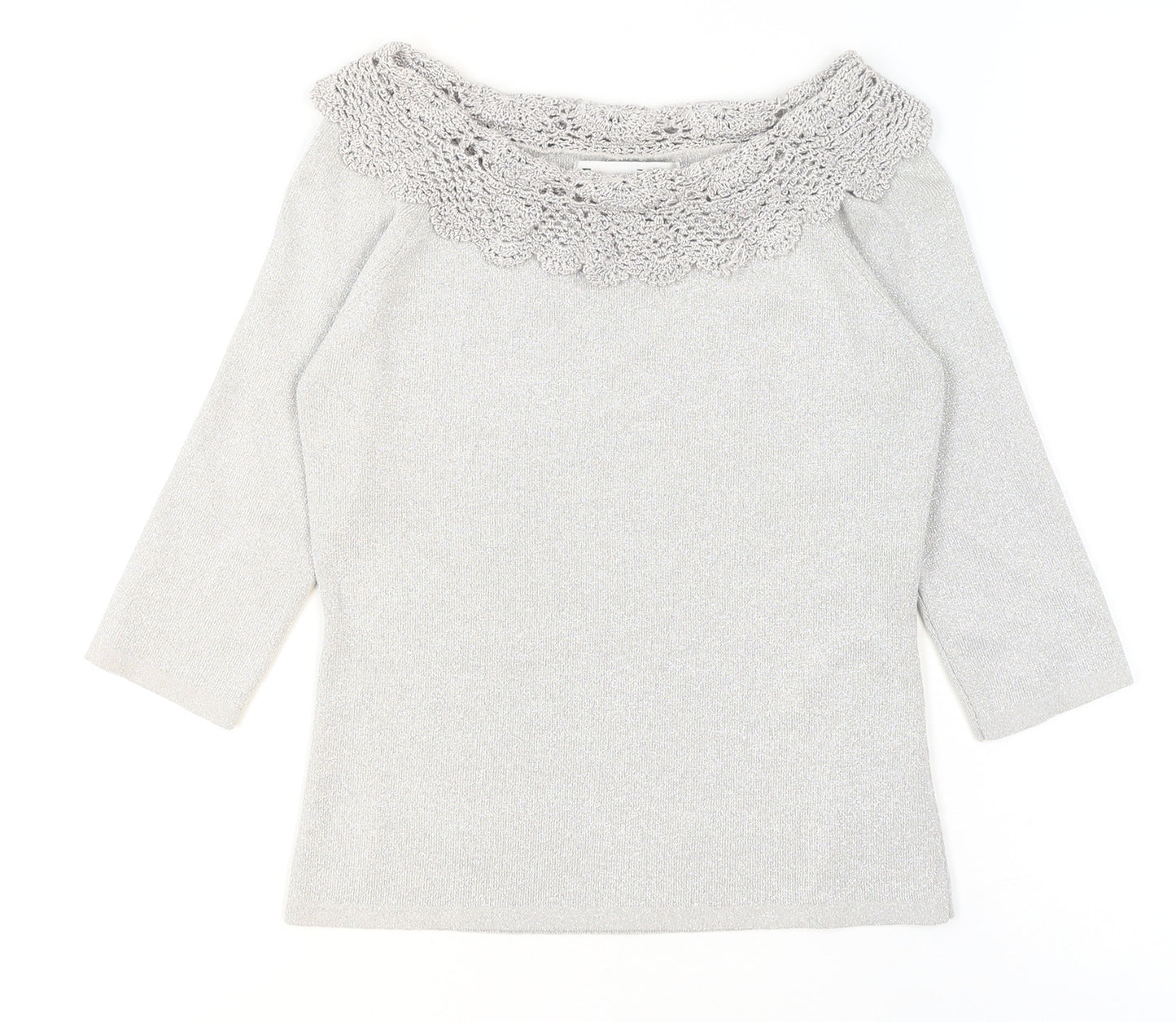 Joseph A. Womens Silver Crochet Neck Knit Blouse Size S