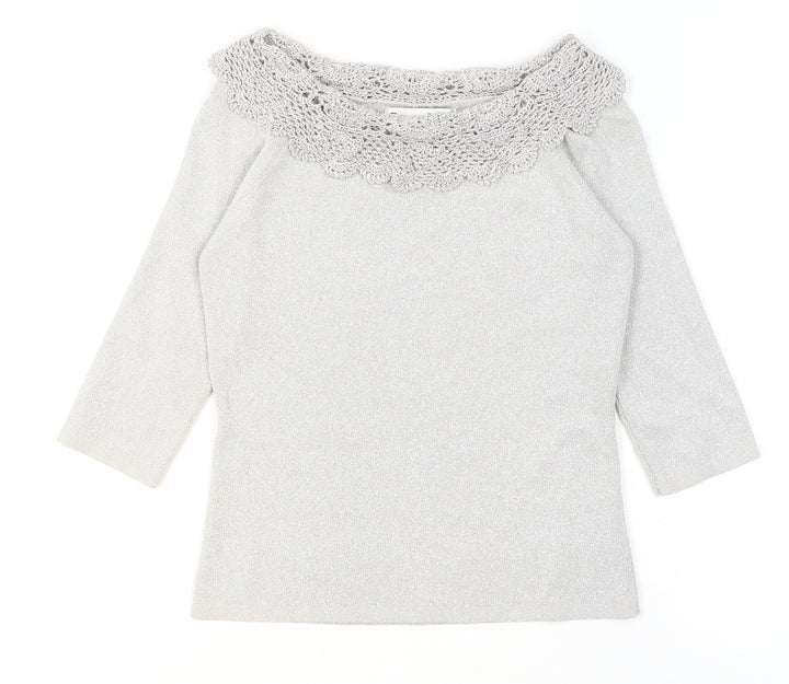 Joseph A. Womens Silver Crochet Neck Knit Blouse Size S