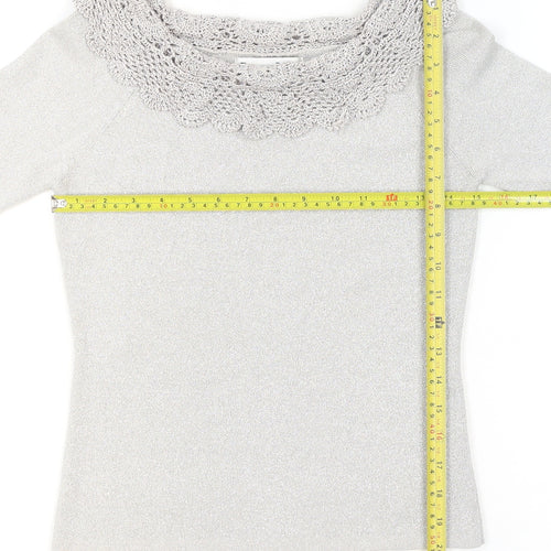 Joseph A. Womens Silver Crochet Neck Knit Blouse Size S