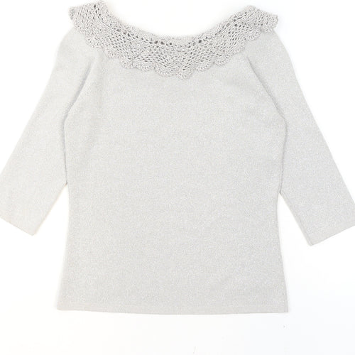 Joseph A. Womens Silver Crochet Neck Knit Blouse Size S