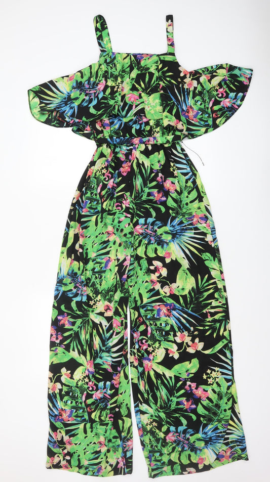 Primark Womens Black Tropical Floral Off Shoulder Jumpsuit Size 10