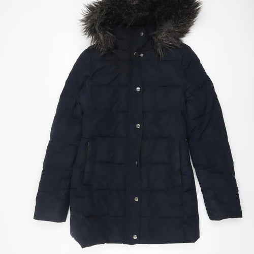 Jack Wills Women's Blue Faux Fur Hooded Puffer Coat Size 8