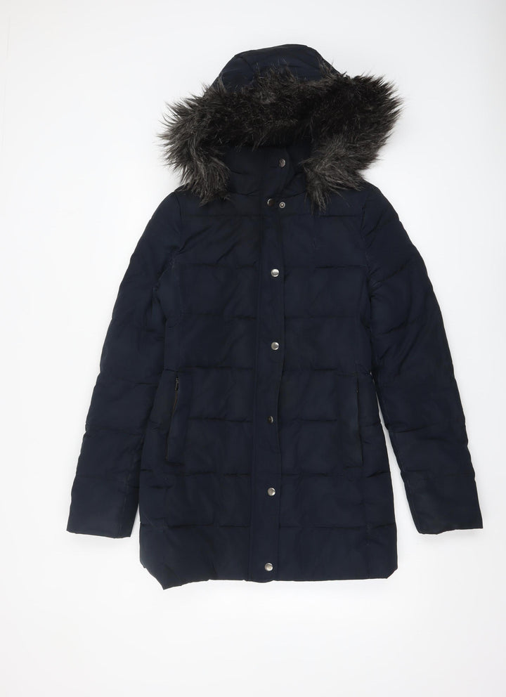 Jack Wills Women's Blue Faux Fur Hooded Puffer Coat Size 8