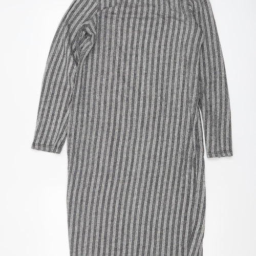 Zara Women Grey Striped Mock Neck Long Sleeve Bodycon Midi Dress L