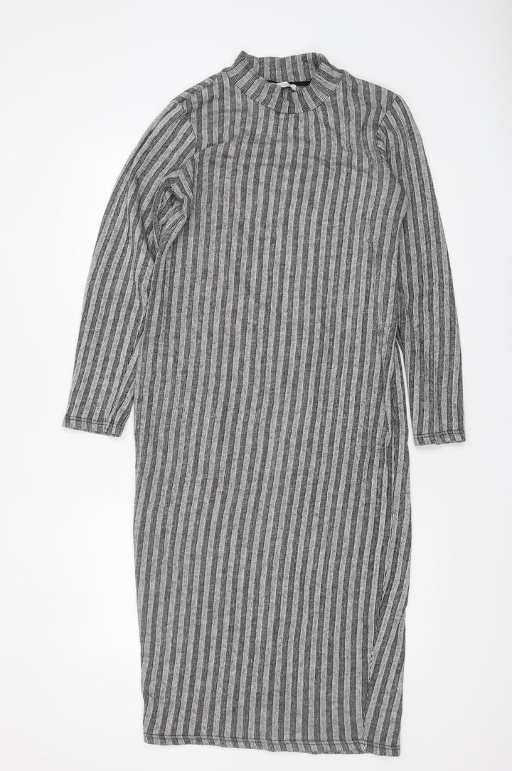 Zara Women Grey Striped Mock Neck Long Sleeve Bodycon Midi Dress L