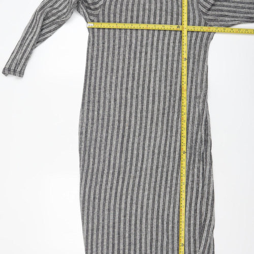 Zara Women Grey Striped Mock Neck Long Sleeve Bodycon Midi Dress L