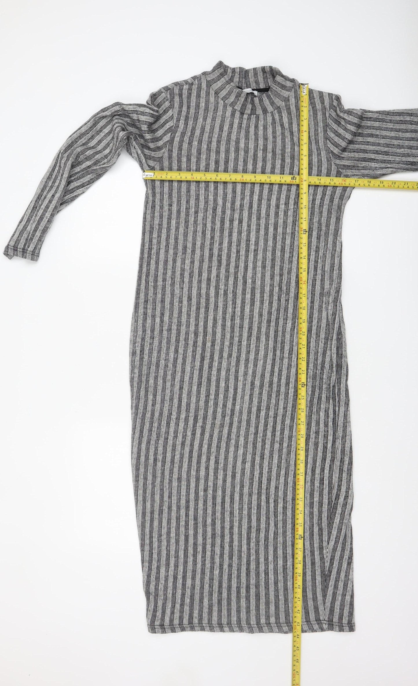 Zara Women Grey Striped Mock Neck Long Sleeve Bodycon Midi Dress L