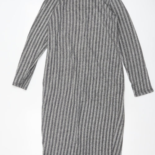Zara Women Grey Striped Mock Neck Long Sleeve Bodycon Midi Dress L