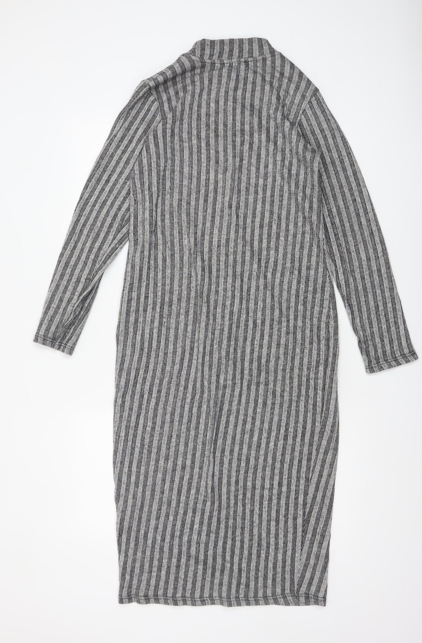 Zara Women Grey Striped Mock Neck Long Sleeve Bodycon Midi Dress L