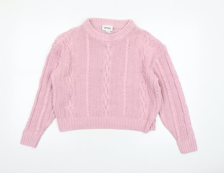 Monki Women Pink Cable Knit Crew Neck Cotton Jumper Size 12