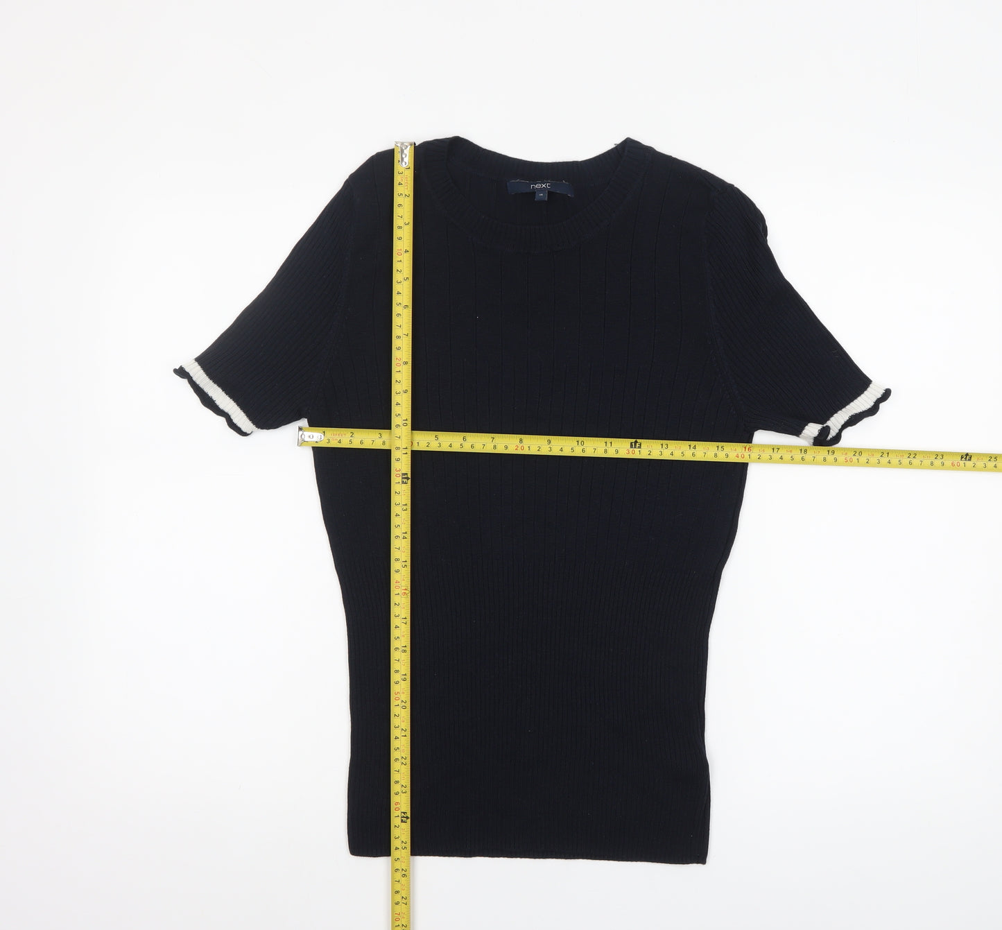 Next Women's Black Short Sleeve Crew Neck Ribbed Jumper Size 14