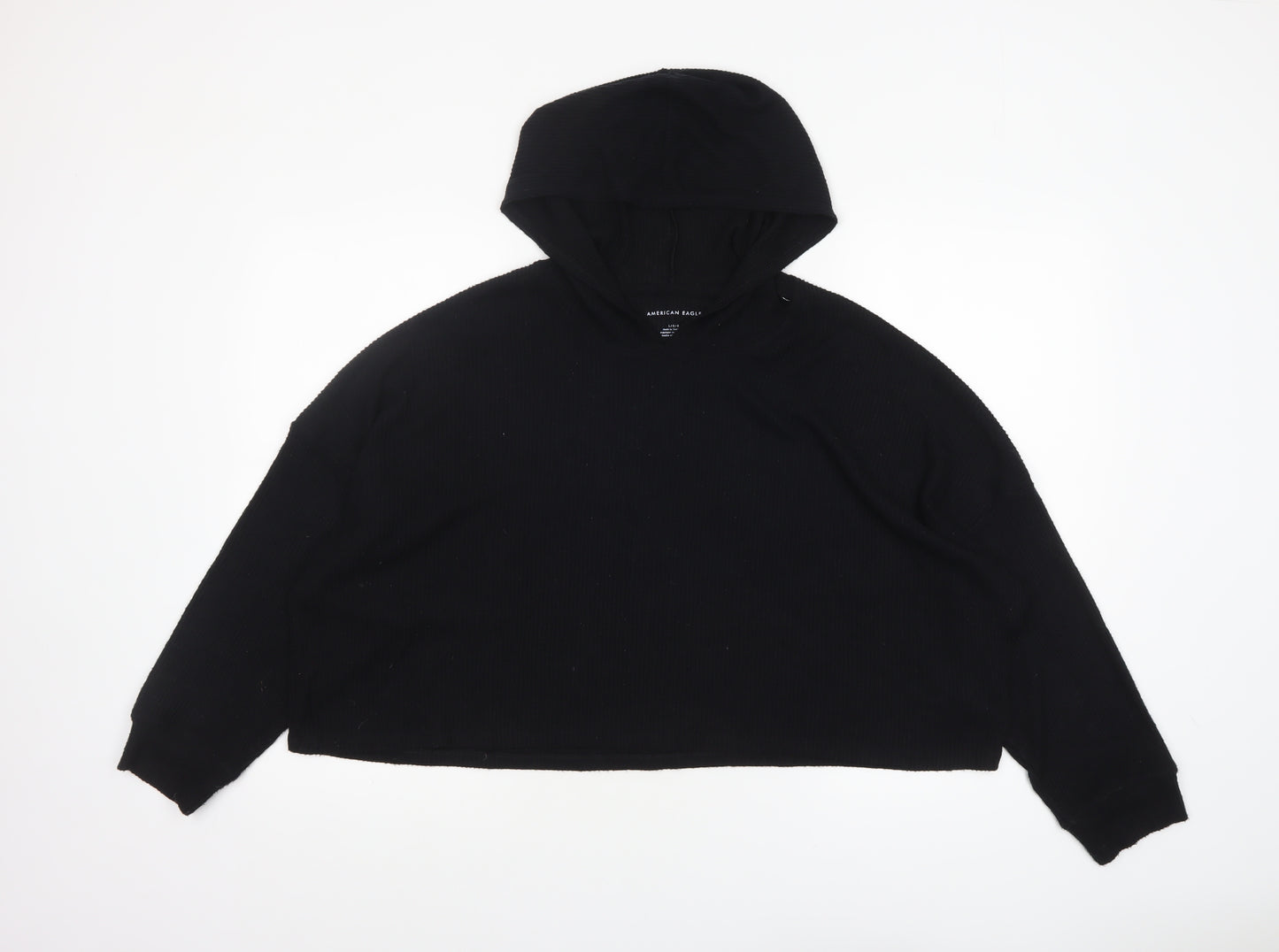 American Eagle Women’s Black Cropped Hooded Long Sleeve T-Shirt L