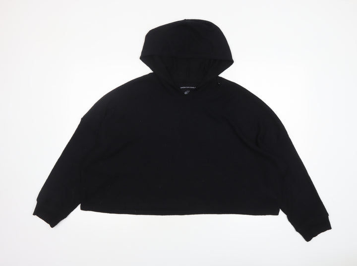American Eagle Women’s Black Cropped Hooded Long Sleeve T-Shirt L