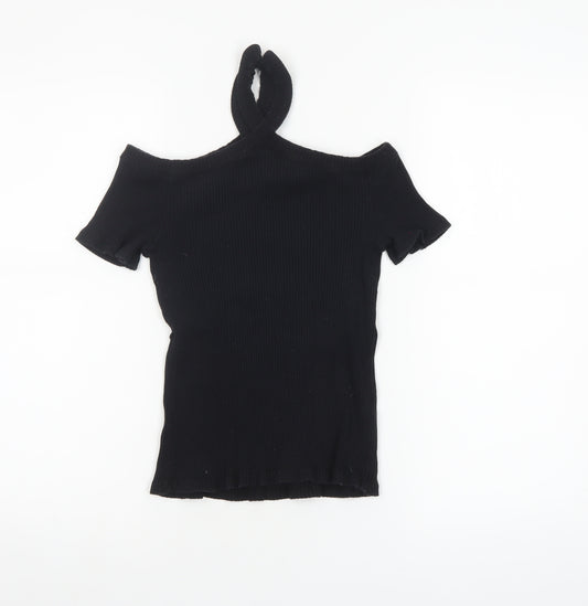 Zara Trafaluc Women's Black Halter Cold Shoulder Ribbed Top Size M