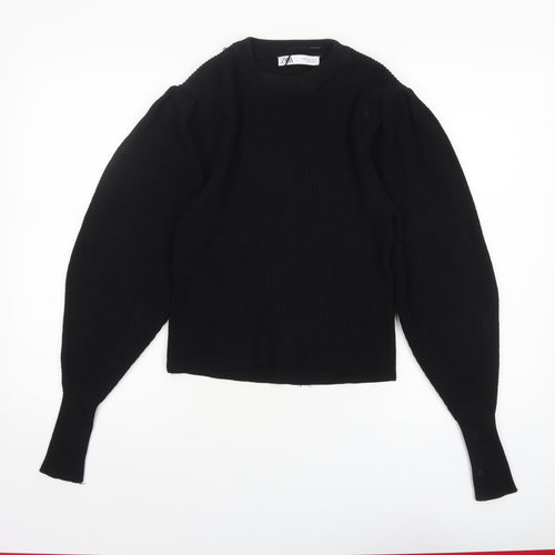 ZARA Women Black Crew Neck Knit Puff Sleeve Pullover Jumper Size 12