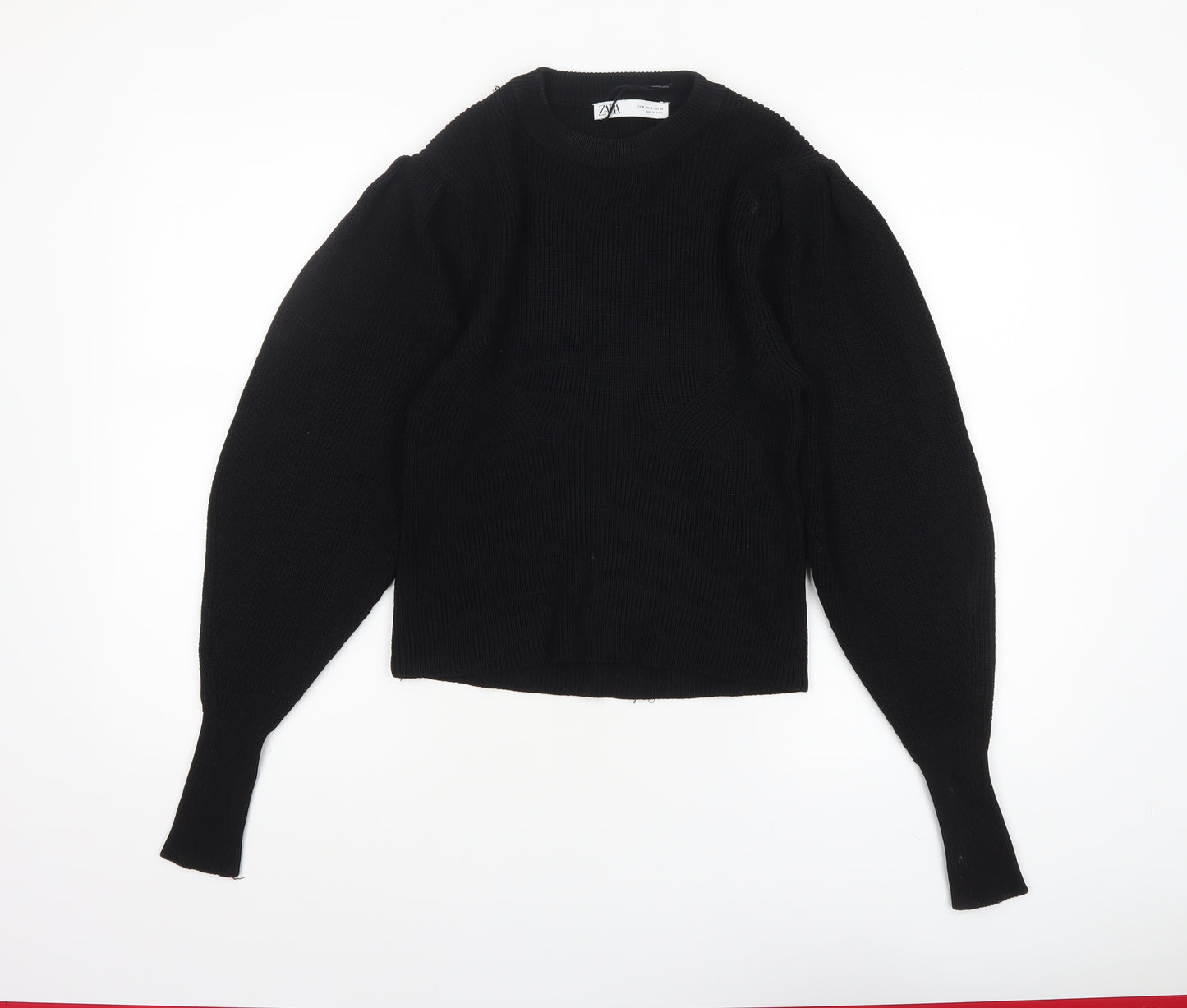 ZARA Women Black Crew Neck Knit Puff Sleeve Pullover Jumper Size 12