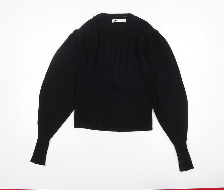 ZARA Women Black Crew Neck Knit Puff Sleeve Pullover Jumper Size 12