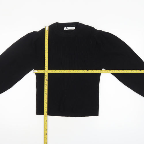 ZARA Women Black Crew Neck Knit Puff Sleeve Pullover Jumper Size 12