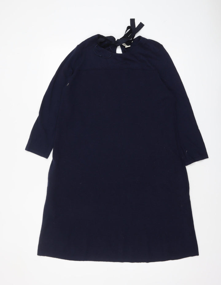 Monsoon Women Blue Size 14 Knit Shift Dress 3/4 Sleeve Bow Tie Back
