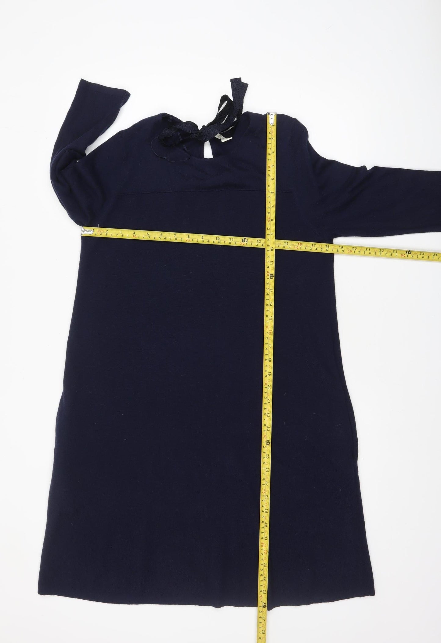 Monsoon Women Blue Size 14 Knit Shift Dress 3/4 Sleeve Bow Tie Back