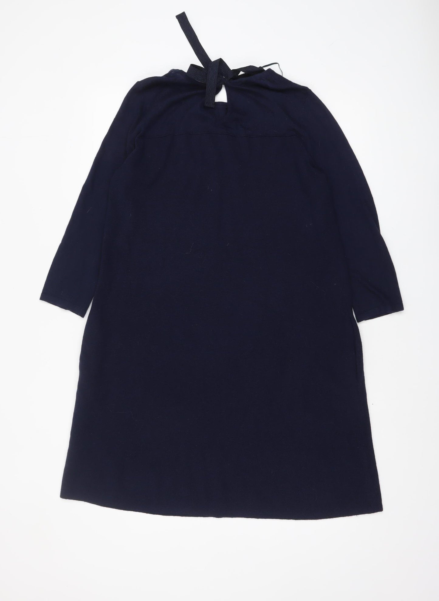 Monsoon Women Blue Size 14 Knit Shift Dress 3/4 Sleeve Bow Tie Back