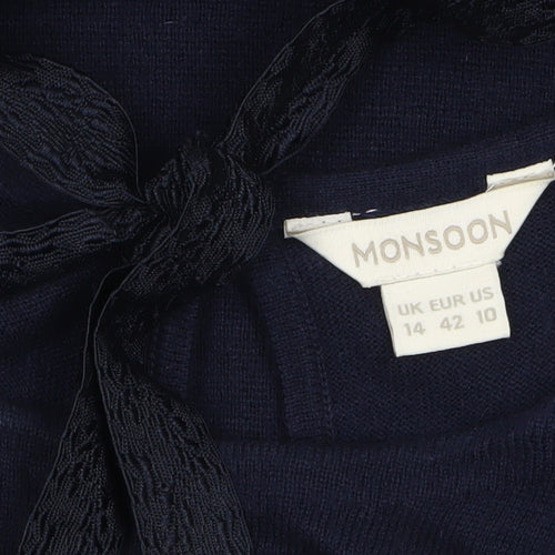 Monsoon Women Blue Size 14 Knit Shift Dress 3/4 Sleeve Bow Tie Back