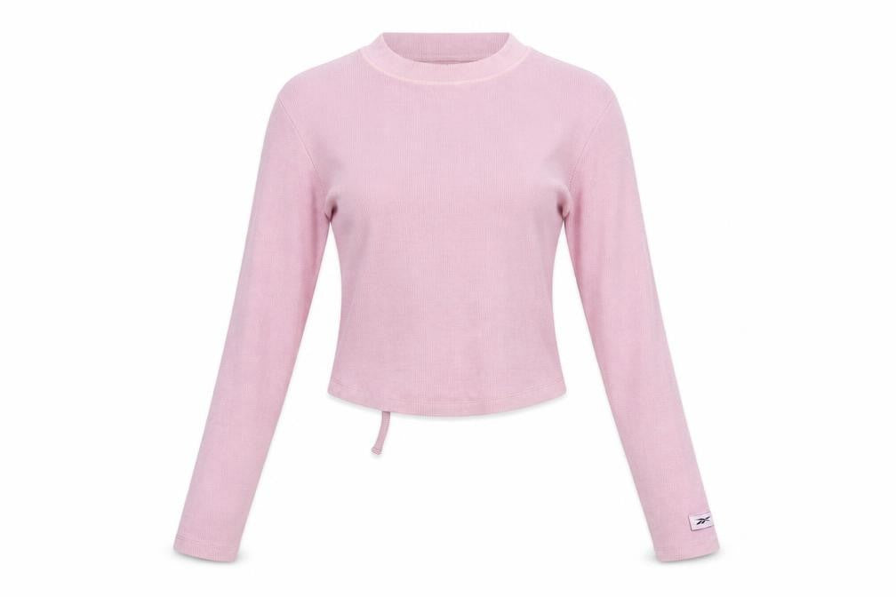Front view of Reebok Women's Pink Cropped Long Sleeve Crew Neck Top, size S