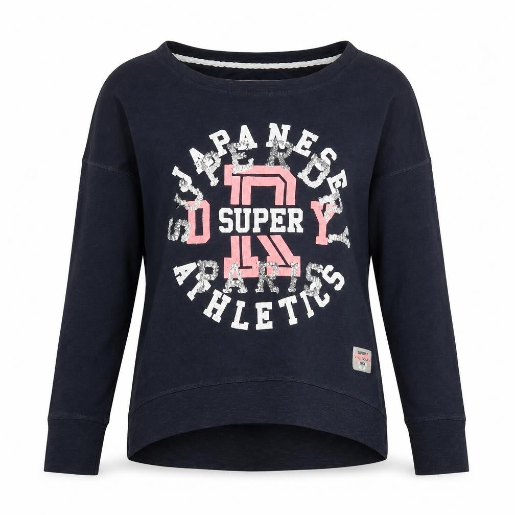 Front view of Superdry Women's Navy Blue Crew Neck Pullover Sweatshirt, size S
