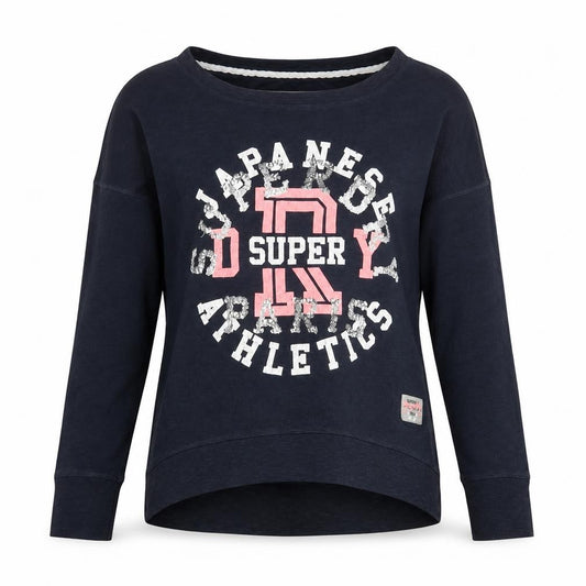 Front view of Superdry Women's Navy Blue Crew Neck Pullover Sweatshirt, size S