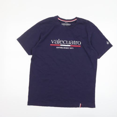 Valecuatro Men’s Blue Cotton Crew Neck Graphic T-Shirt Size L
