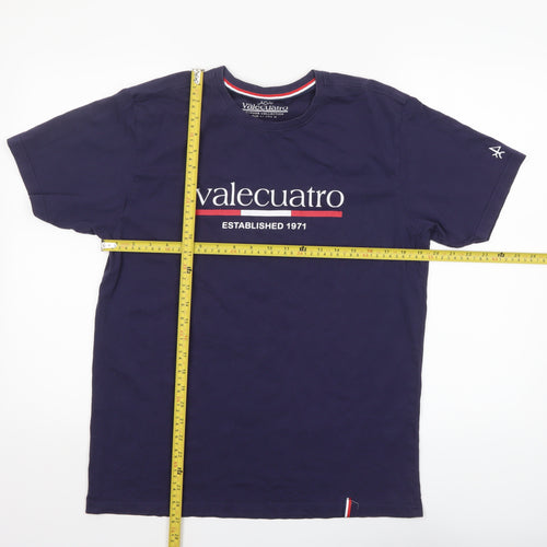 Valecuatro Men’s Blue Cotton Crew Neck Graphic T-Shirt Size L