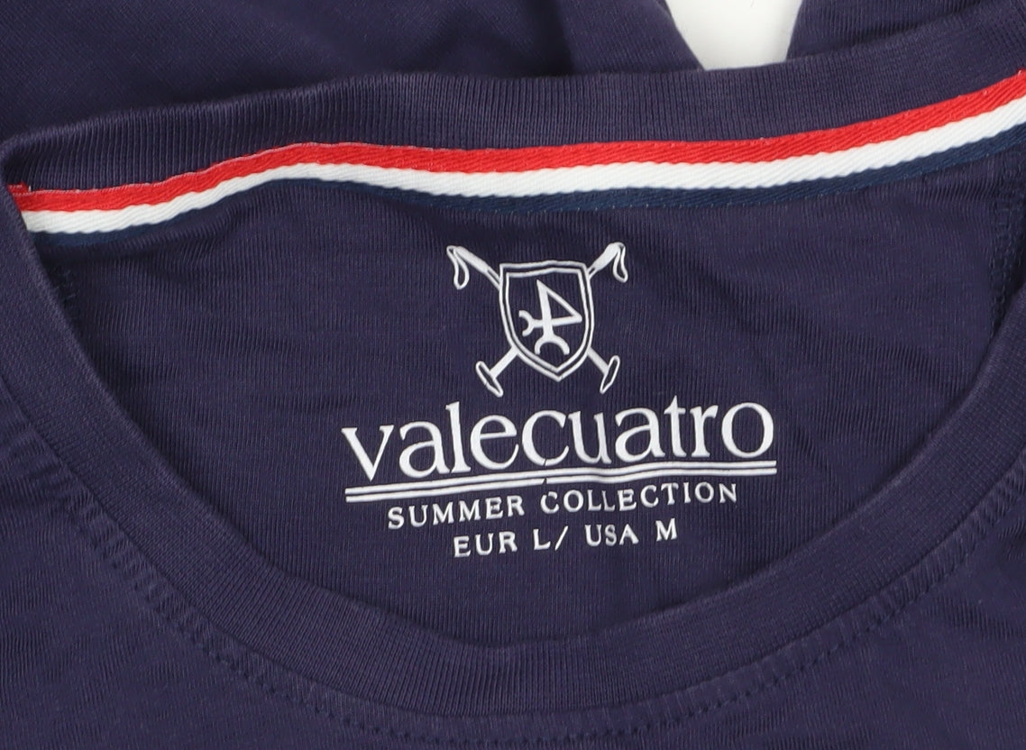 Valecuatro Men’s Blue Cotton Crew Neck Graphic T-Shirt Size L