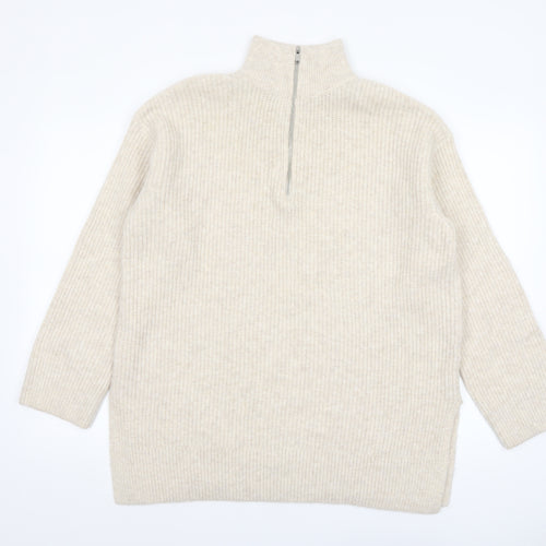 New Look Women Beige High Neck Half Zip Knit Jumper Size M