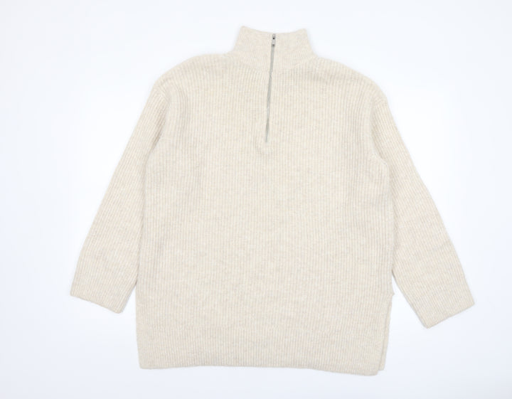 New Look Women Beige High Neck Half Zip Knit Jumper Size M