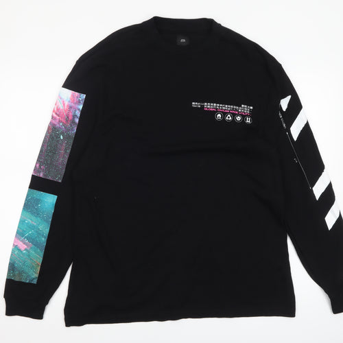 River Island Men's Black Space Print Long Sleeve Graphic Top L