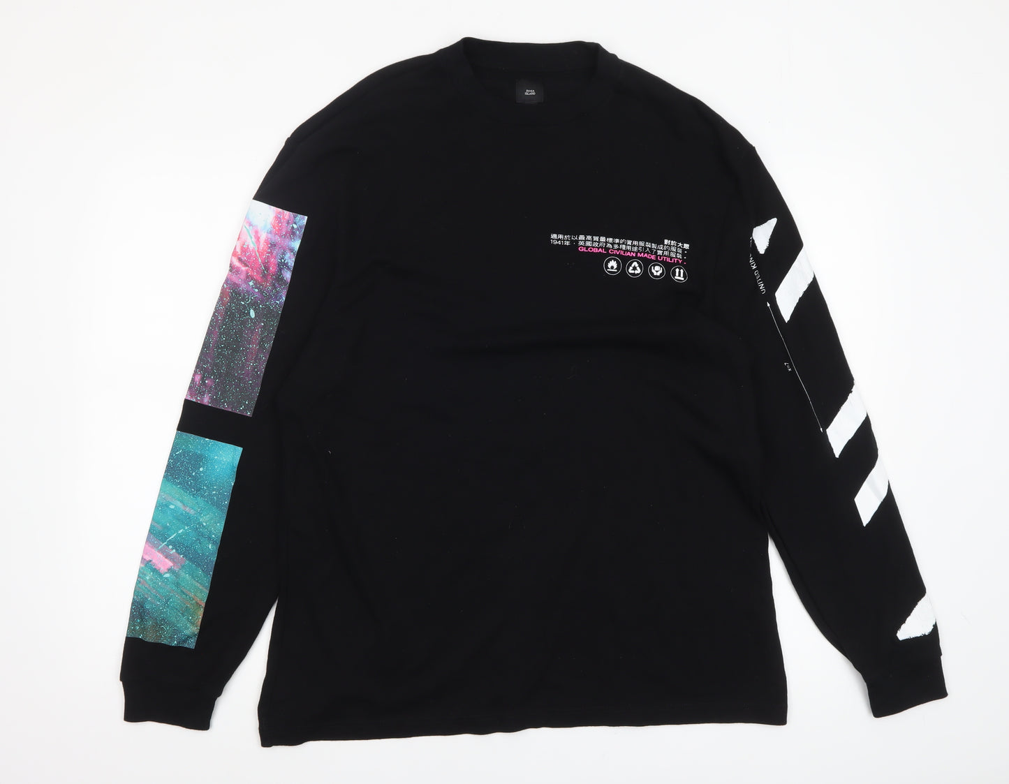River Island Men's Black Space Print Long Sleeve Graphic Top L