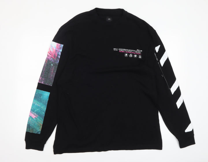 River Island Men's Black Space Print Long Sleeve Graphic Top L