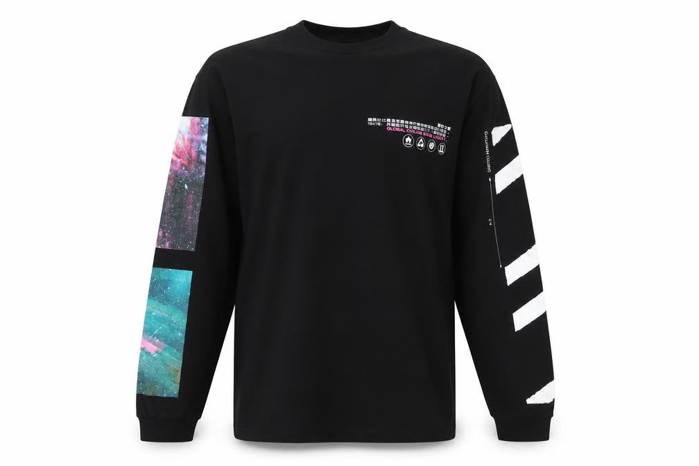 Front view of River Island Men's Black Space Print Long Sleeve Graphic Top L