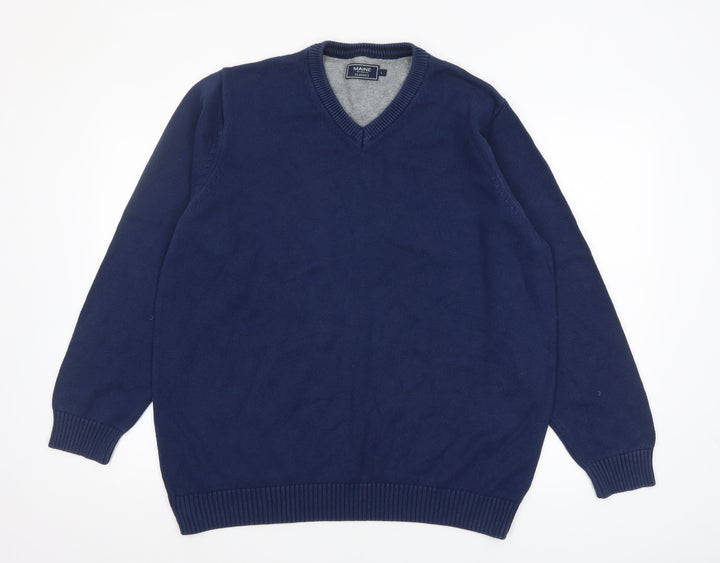 Maine New England Men’s Blue Cotton V-Neck Jumper Size L Classic Knit