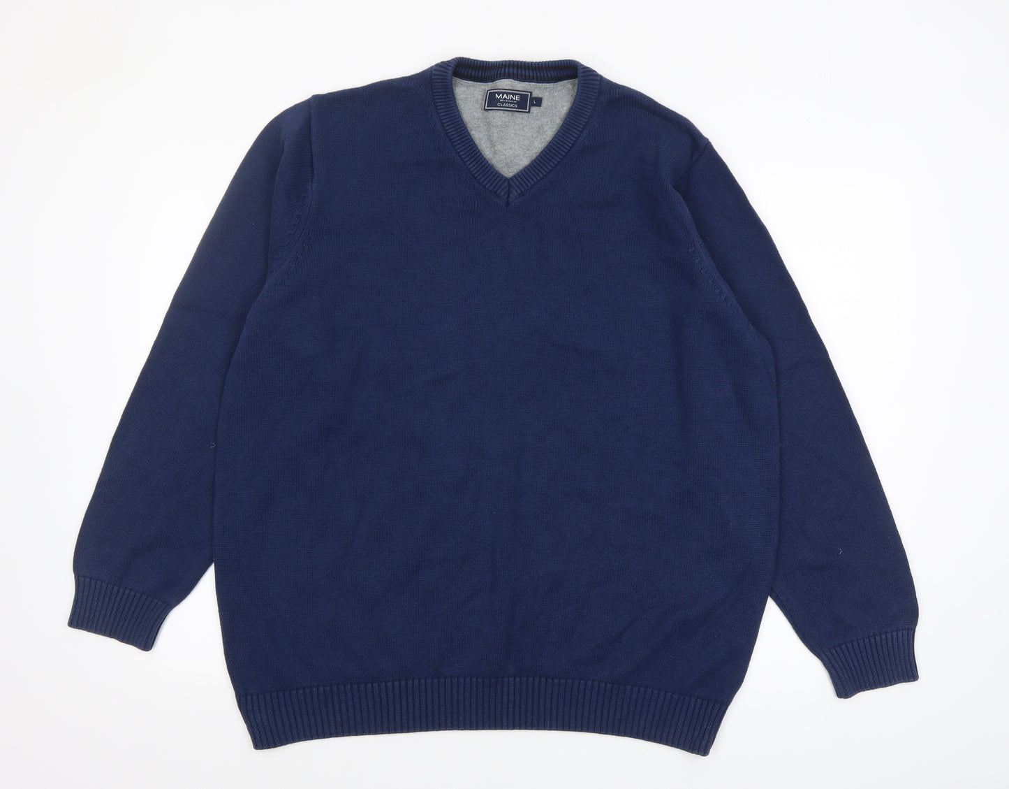 Maine New England Men’s Blue Cotton V-Neck Jumper Size L Classic Knit