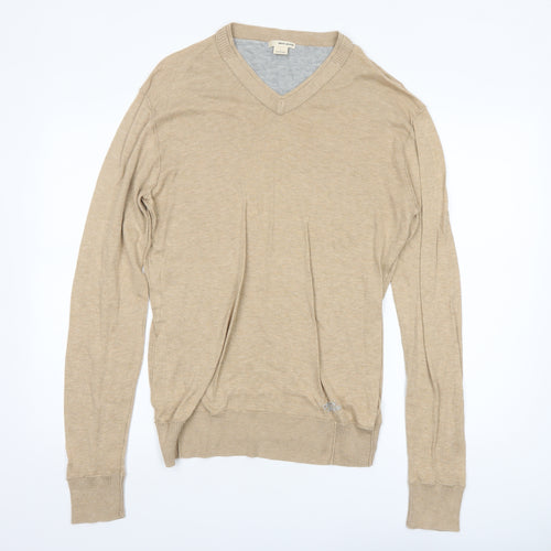 DKNY Jeans Mens Beige Cotton V-Neck Pullover Jumper Size L