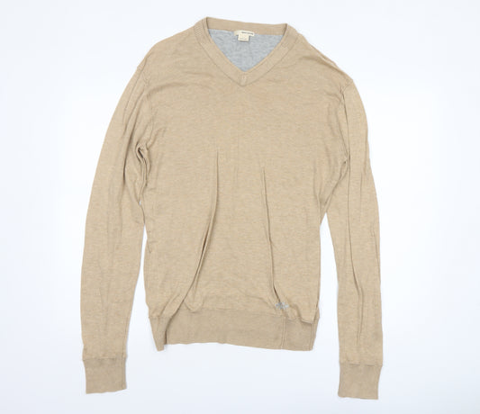 DKNY Jeans Mens Beige Cotton V-Neck Pullover Jumper Size L
