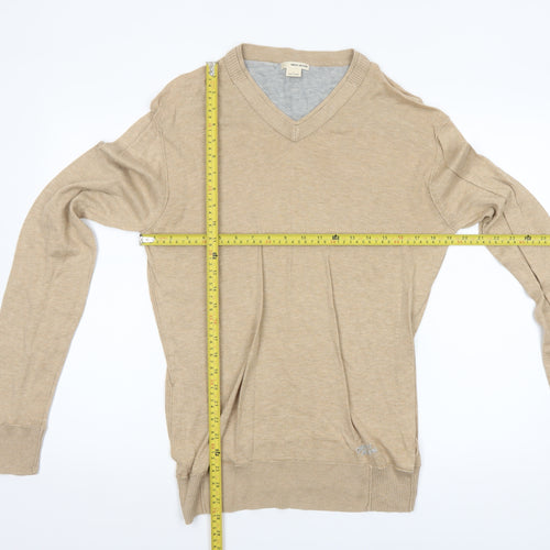DKNY Jeans Mens Beige Cotton V-Neck Pullover Jumper Size L