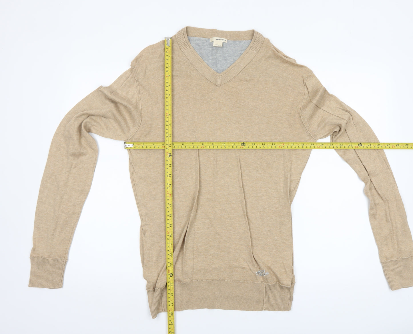 DKNY Jeans Mens Beige Cotton V-Neck Pullover Jumper Size L