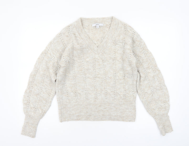 Next Women Beige Cable-Knit V-Neck Jumper XS