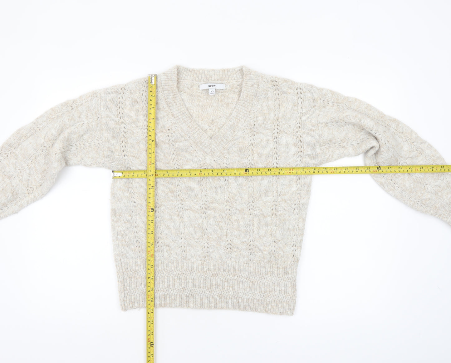 Next Women Beige Cable-Knit V-Neck Jumper XS