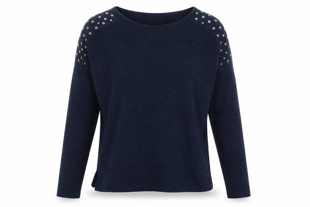 Front view of New Look women’s blue studded shoulder long sleeve jumper, size UK 10