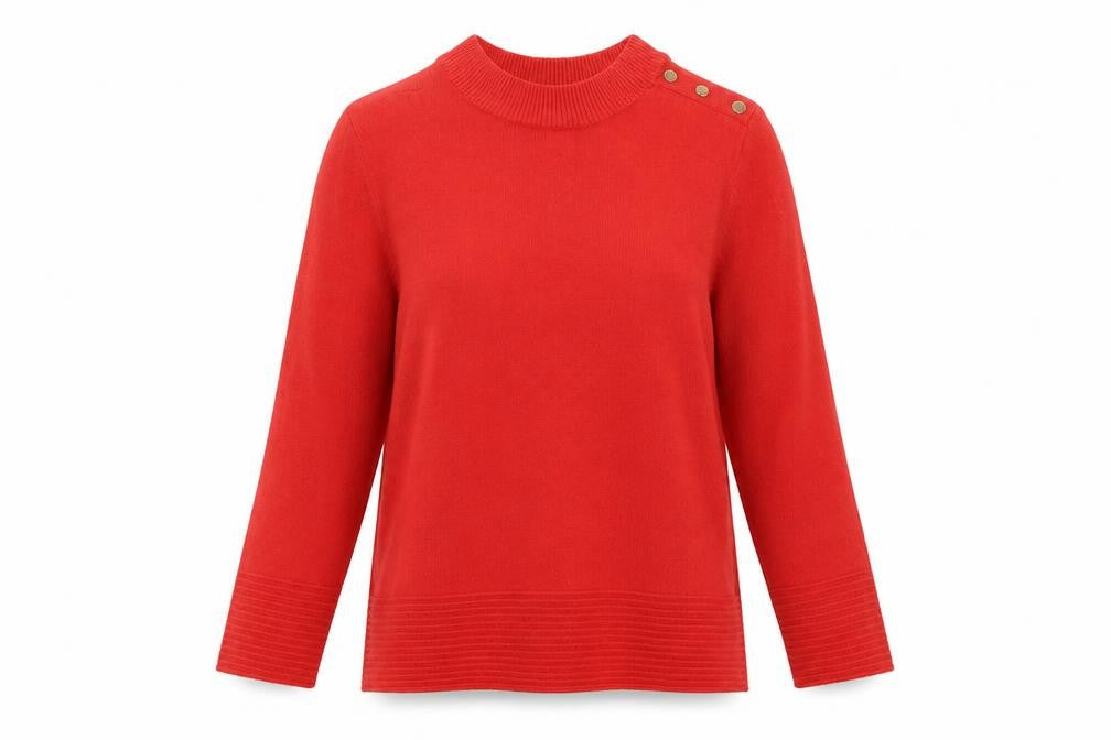 Front view of Marks & Spencer Women’s Red Mock Neck Button jumper, size UK 14